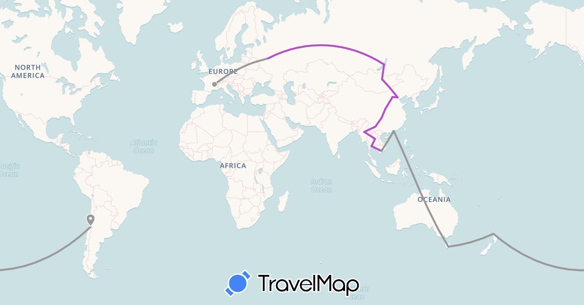 TravelMap itinerary: plane, train, boat in Australia, Chile, China, France, Hong Kong, Cambodia, Laos, Myanmar (Burma), Mongolia, Macau, New Zealand, Russia, Thailand, Vietnam (Asia, Europe, Oceania, South America)